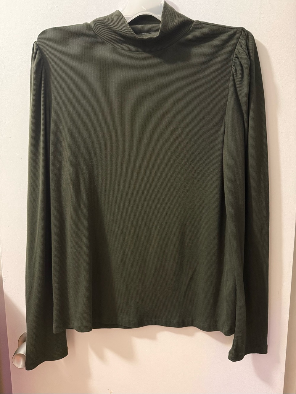 GAP Olive Green Ribbed Mock Neck Top Long Sleeve Ruched Shoulder L